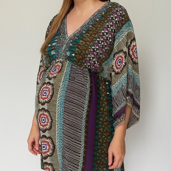 Mamas & Papas Maternity Boho Beaded V Neck Print Dress Size 16 - Picture 1 of 8